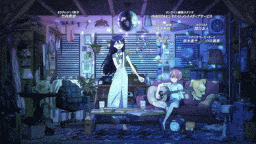 two anime girls singing and playing a guitar in a room