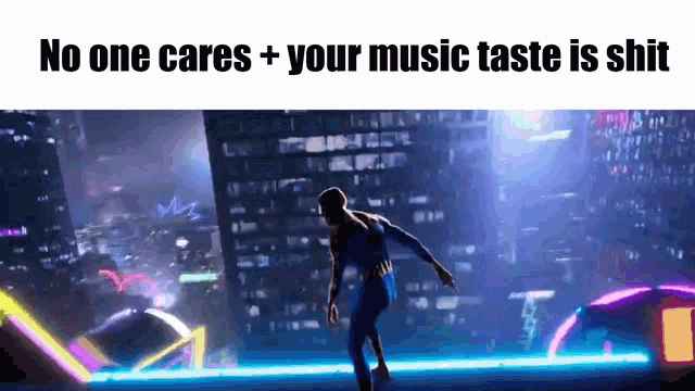 a man is dancing on a stage in front of a city skyline .