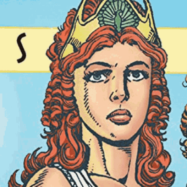 a cartoon drawing of a woman with red hair and a crown on her head .