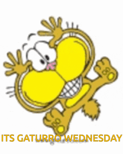 a cartoon of a cat with the words " it 's gaturro wednesday " underneath it