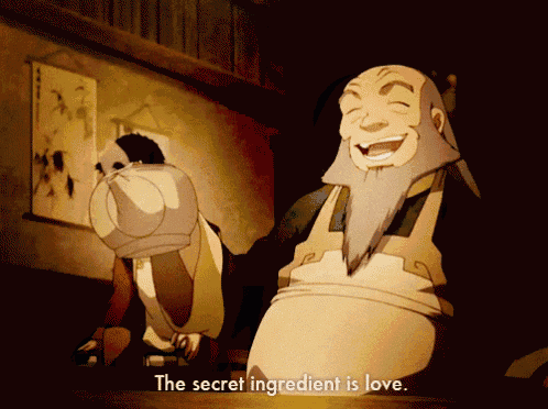 a cartoon of a man laughing with the words the secret ingredient is love below him