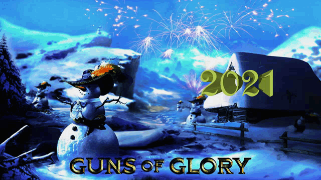 a guns of glory poster with a snowman in the background