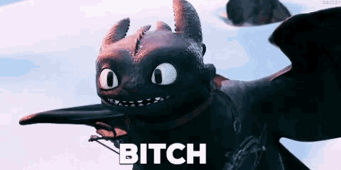 toothless from how to train your dragon is smiling and says " bitch "