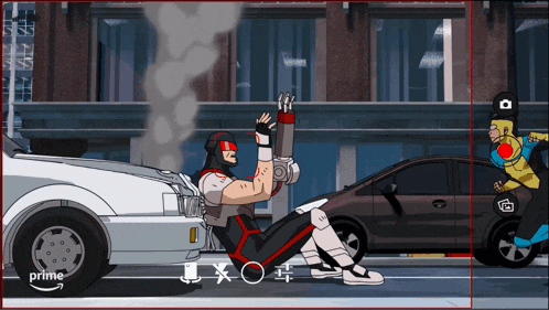 a cartoon of a man holding a gun in front of a car that says prime on the bottom