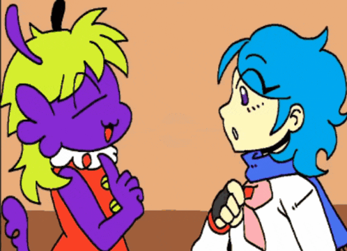 two cartoon characters are talking to each other and one is purple and the other is blue