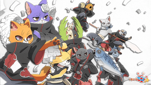 a group of cartoon cats with a fish in the middle and a star on the bottom right