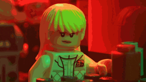 a lego character says hein in a dark room