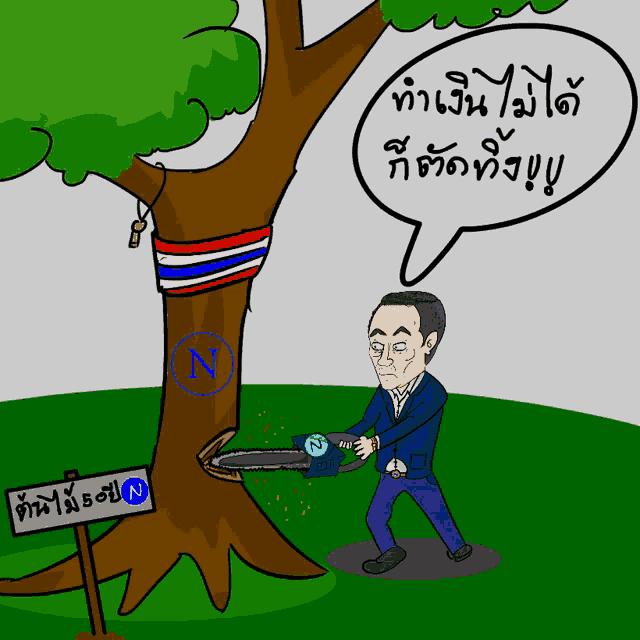 a cartoon of a man cutting down a tree with a sign that says n on it