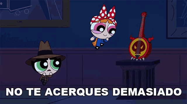 a cartoon scene with the words no te acerques demasiado on the bottom