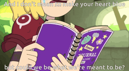 a cartoon of a girl holding a purple journal that says anne 's journal
