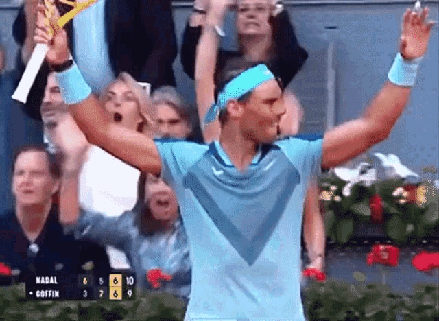 a tennis player is holding a tennis racquet in the air