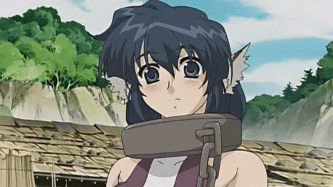 a girl with a chain around her neck is standing in front of a pile of wood .