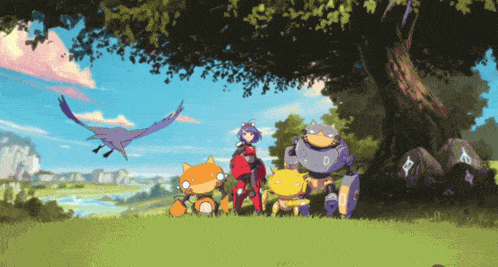 a group of cartoon characters standing under a tree with a bird flying overhead