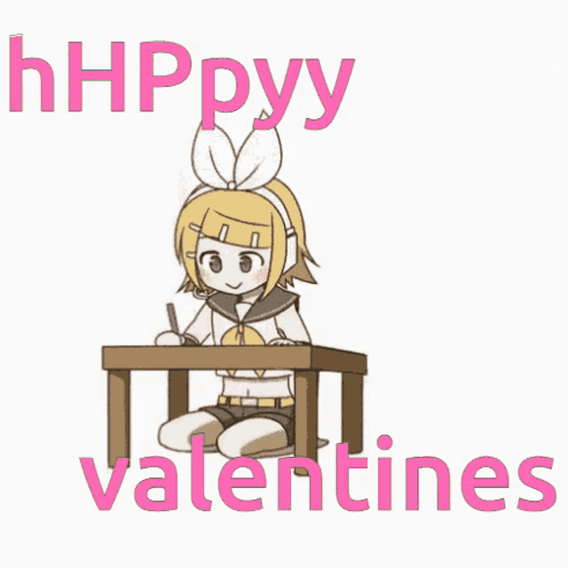 a cartoon of a girl sitting at a table with the words happy valentines written on it