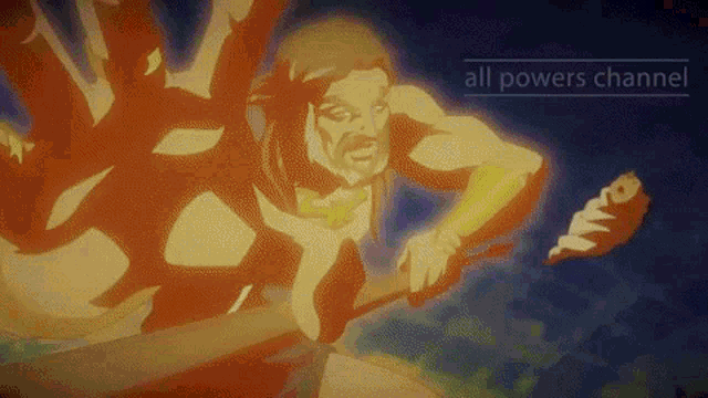a cartoon of a man with a beard holding a torch with the words all powers channel above him