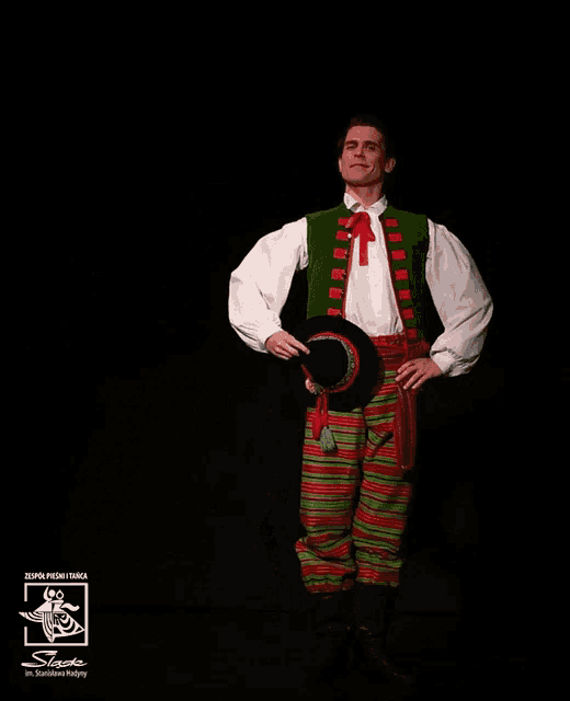 a man in a green vest and red and green striped pants stands in the dark