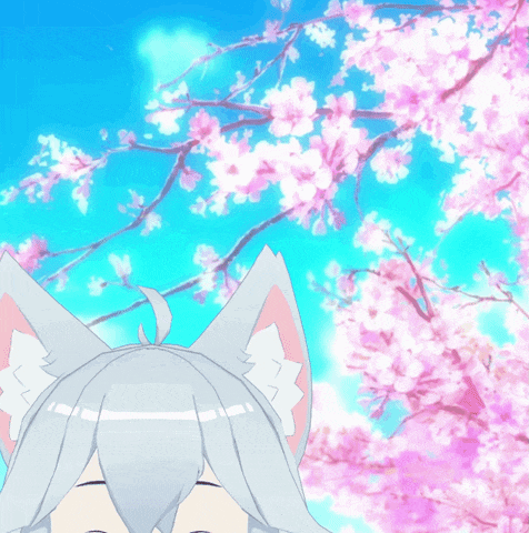 a cartoon drawing of a girl with cat ears looking up at cherry blossoms