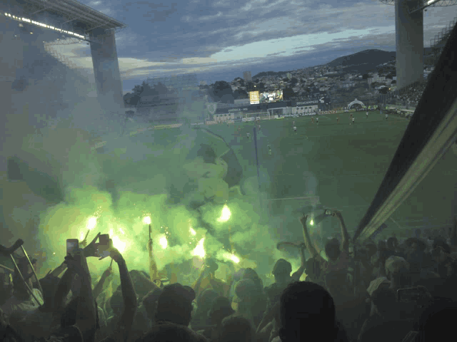 a crowd of people in a stadium with green smoke coming out