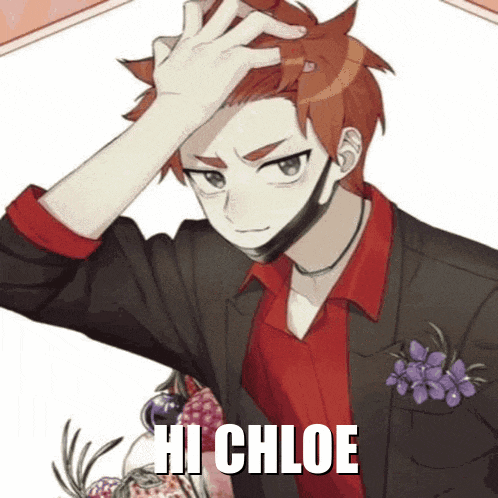 a man in a suit and red shirt is holding his hand to his forehead and says hi chloe .