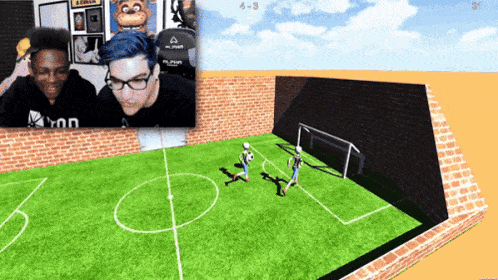 a man and a woman are playing a game of soccer and the score is 4-3