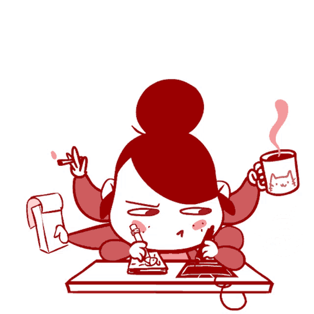 a cartoon drawing of a woman smoking a cigarette and holding a cup of coffee
