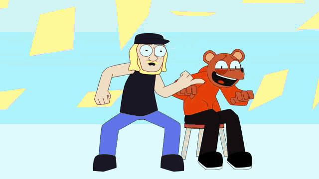 a cartoon of a man standing next to a teddy bear sitting on a stool