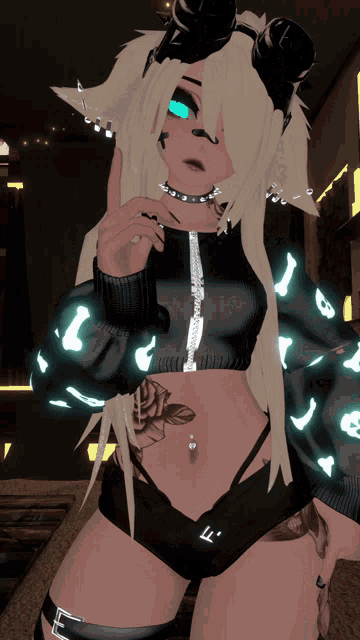 a girl with a tattoo on her stomach is wearing a black sweater with bones on it