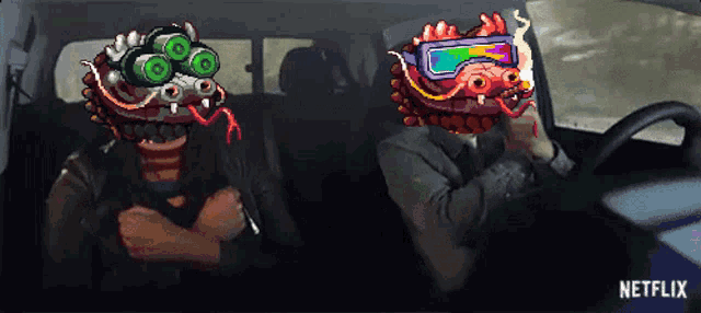 an advertisement for netflix shows a man driving a car with a monster in the back seat