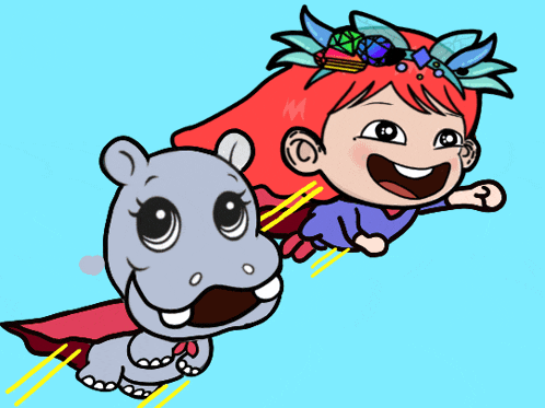 a cartoon of a girl and a hippo with the letter m on her head