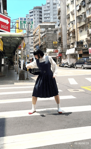 a person crossing a street with a sign that says 300 meters on it