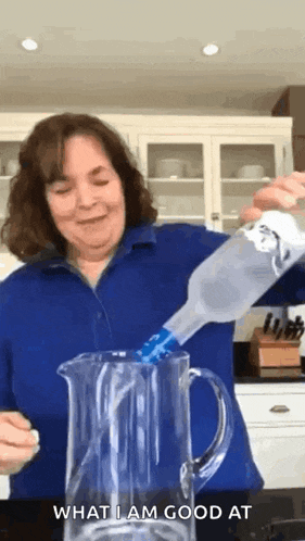 a woman pouring a bottle of water into a pitcher with the words what i am good at below her