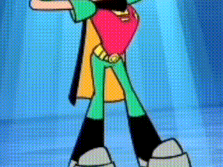 robin from teen titans go is standing in front of a blue background and holding a heart .