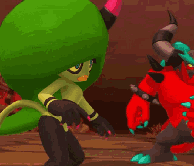 a cartoon character with a green head and horns is fighting another character