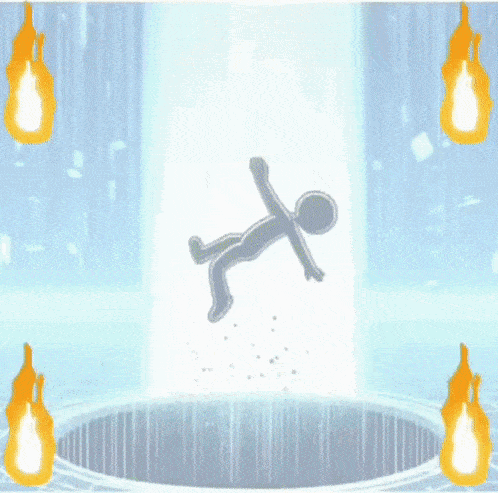 a stick figure is falling into a hole with fire coming out of it
