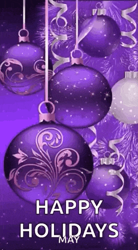 purple and white christmas ornaments hanging from a string on a purple background .