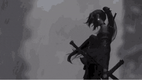 a black and white drawing of a woman holding two swords in her hands .