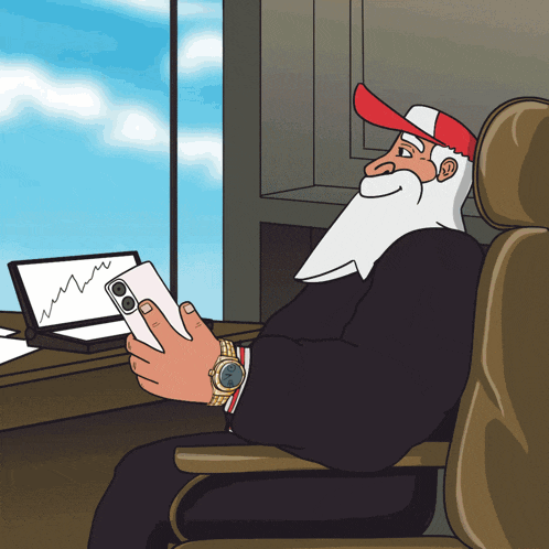 a cartoon of a man with a beard sitting in a chair looking at his phone