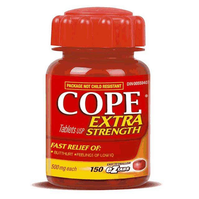 a red bottle of cope extra strength tablets usp