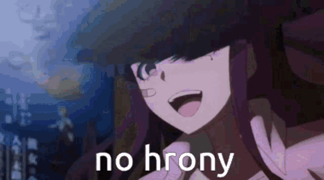 a purple haired anime girl with the words no hrony on her face .