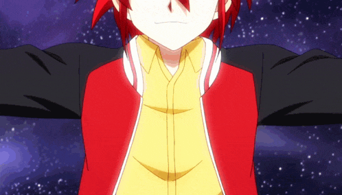 a red haired anime character with his arms outstretched against a starry sky