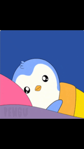 a blue and white penguin is laying on a bed with a pink pillow
