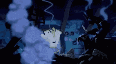 a cartoon character in a room with smoke coming out of it