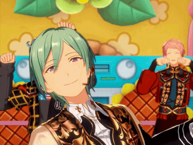a cartoon character with green hair and purple eyes has the letter j on his chest