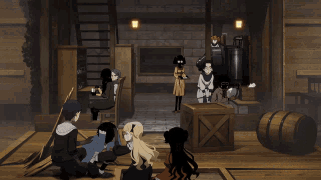 a group of anime characters are gathered in a room with boxes and barrels