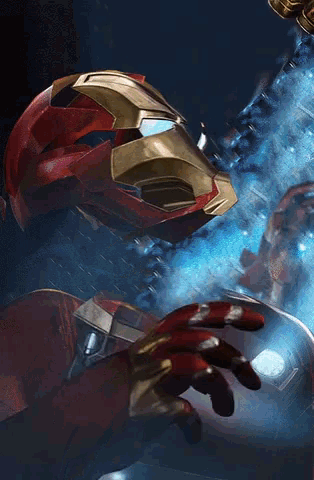 a painting of a man wearing a helmet and a glove that says infinity gauntlet