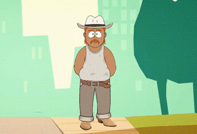 a cartoon of a man wearing a cowboy hat and a white tank top