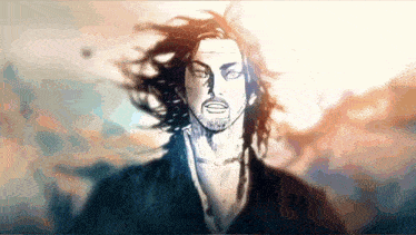 a drawing of a man with long hair and a beard looking at the camera