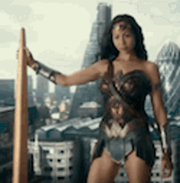 a woman in a wonder woman costume is standing in front of a city skyline .