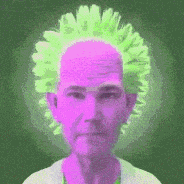 a drawing of a man with green hair and a pink head