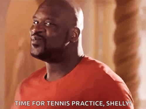 a bald man in a red shirt is saying time for tennis practice , shelly !